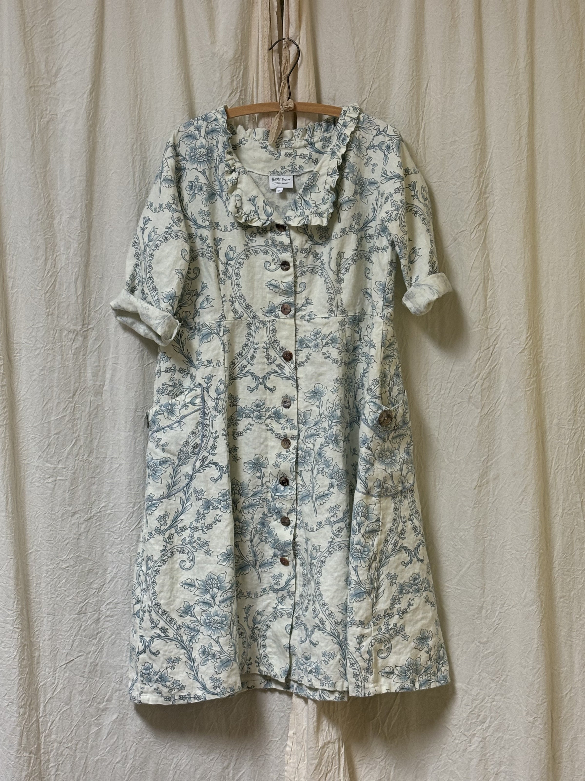 Relaxed Mini Linen Dress - Audrey Dress in Linen Vintage Style Blue Floral / XL Relaxed Mini Linen Dress - Audrey Dress in Linen Vintage Style Blue Floral / XL