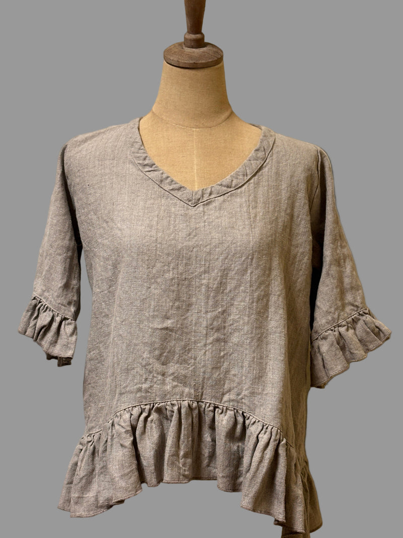 Breezy Top in Linen Linen Top with Ruffle Hem and sleeves