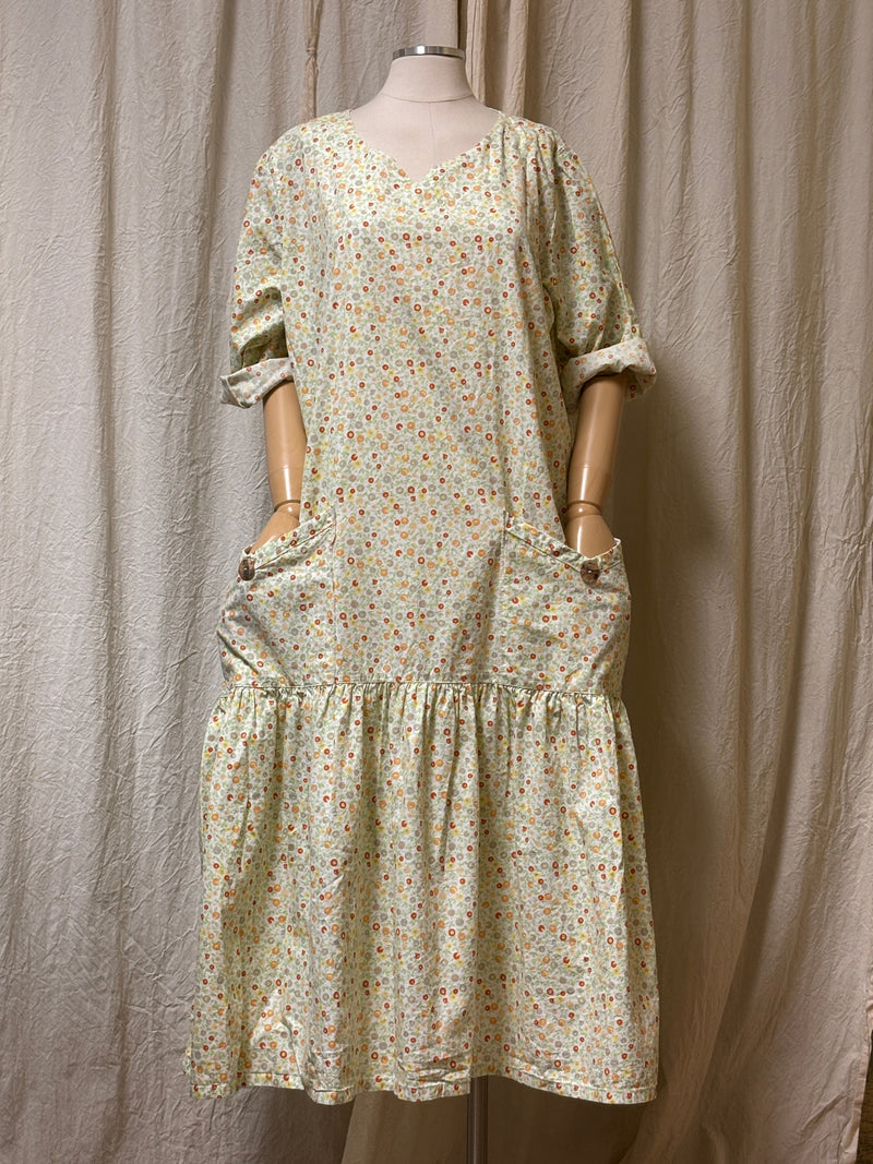 Floral Cotton Dress Prairie style drop waist sweetheart neckline USA