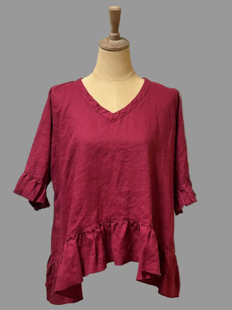 V neck linen top, sangria red, ruffle hem and ruffle sleeves