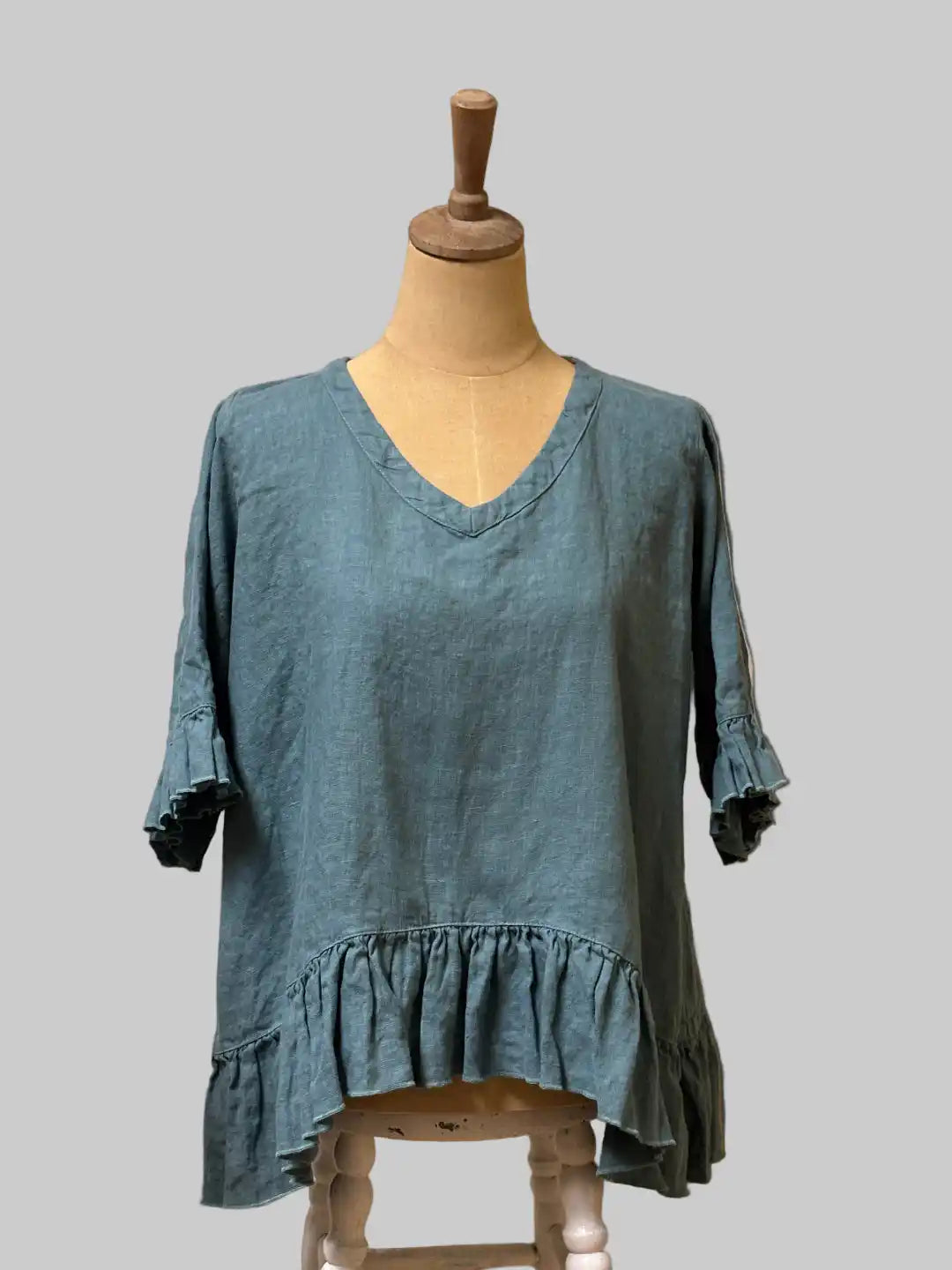 French Blue Linen Top, V neck, Ruffle Hem, Ruffle Sleeves