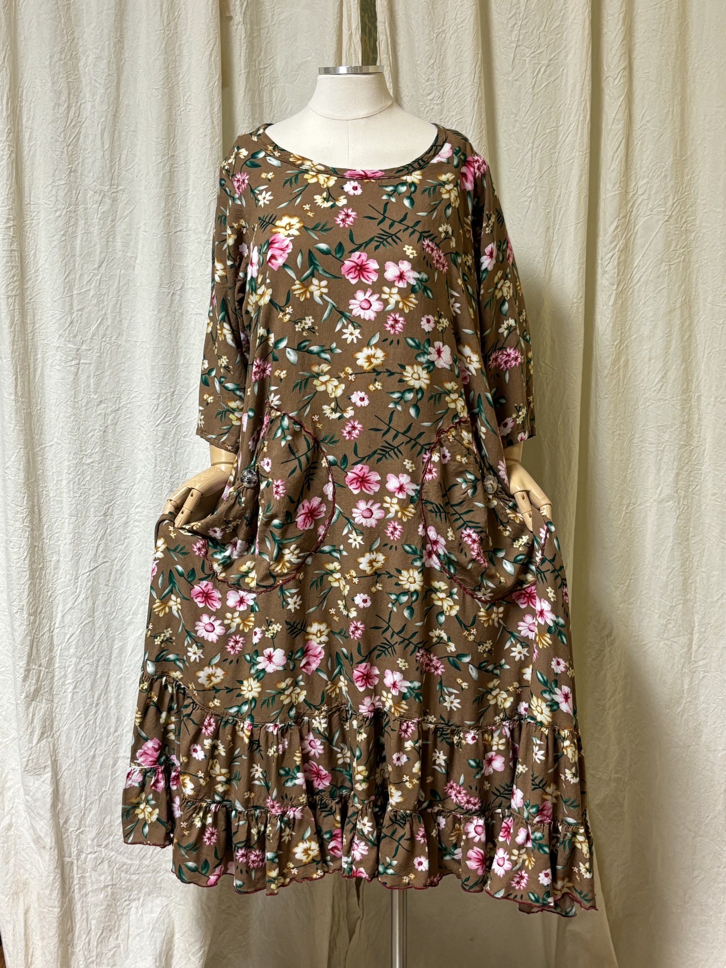 rayon summer dresses Prairie Dress, Rayon Brown Floral / XS
