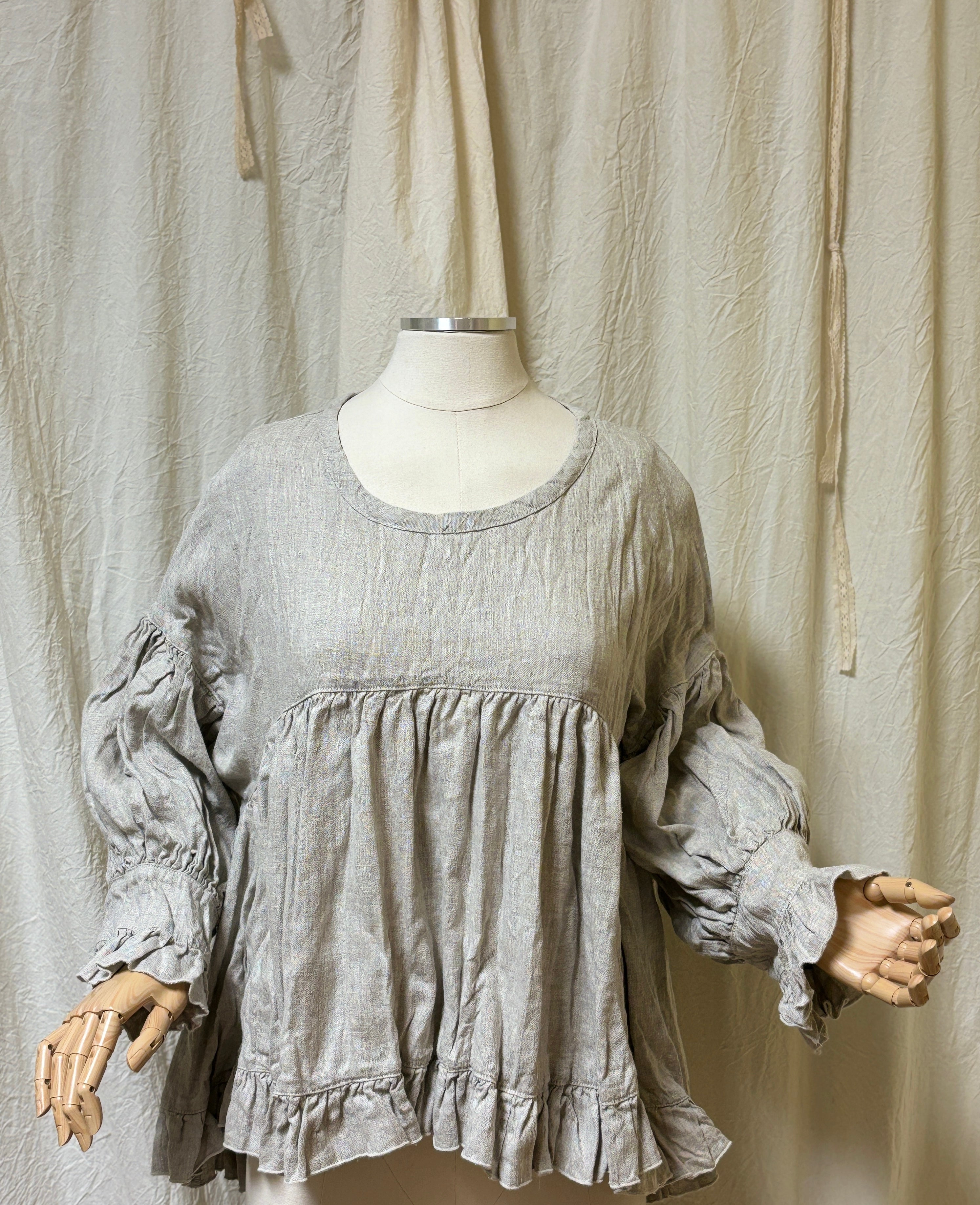 Lagenlook puffy sleeve linen top with ruffles - Poets Top in Linen
