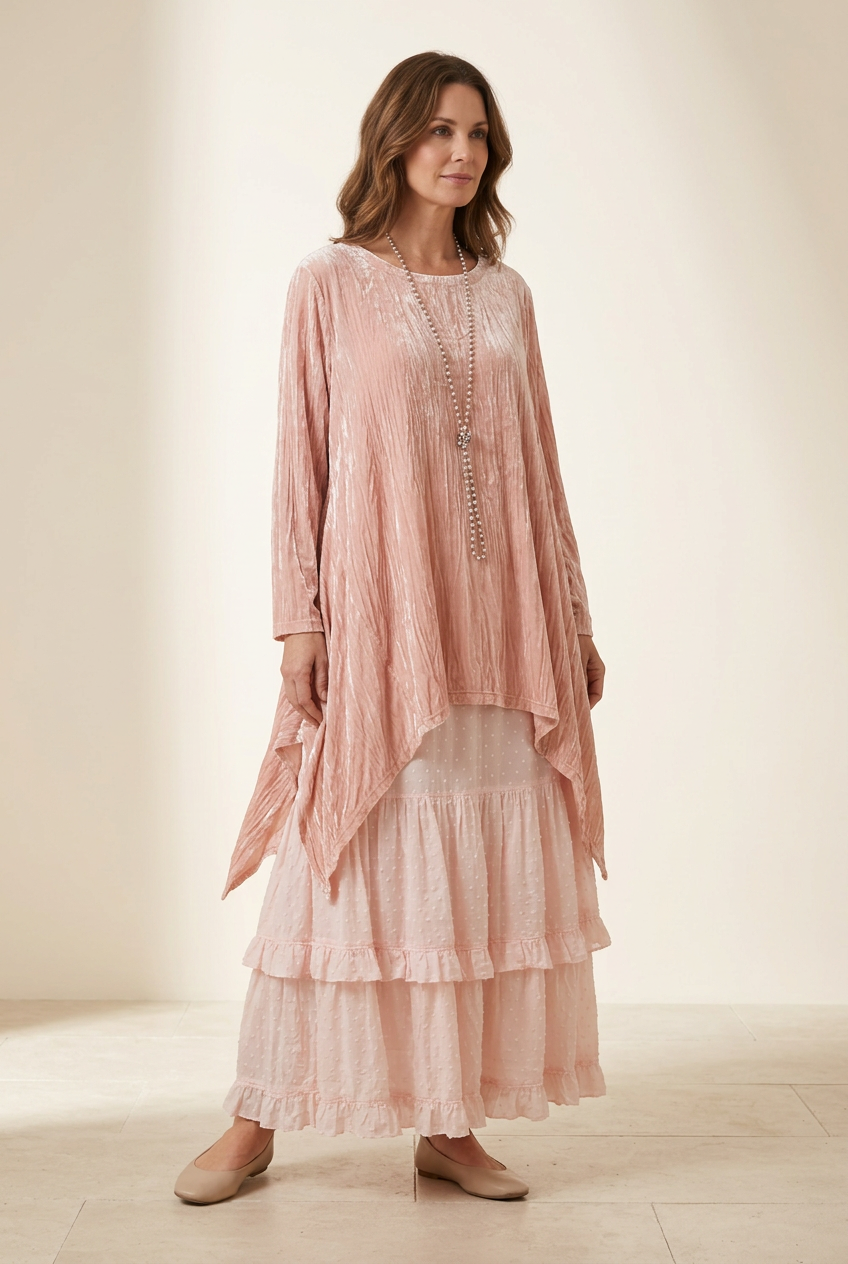Alternative model image showing the blush outfit’s natural drape