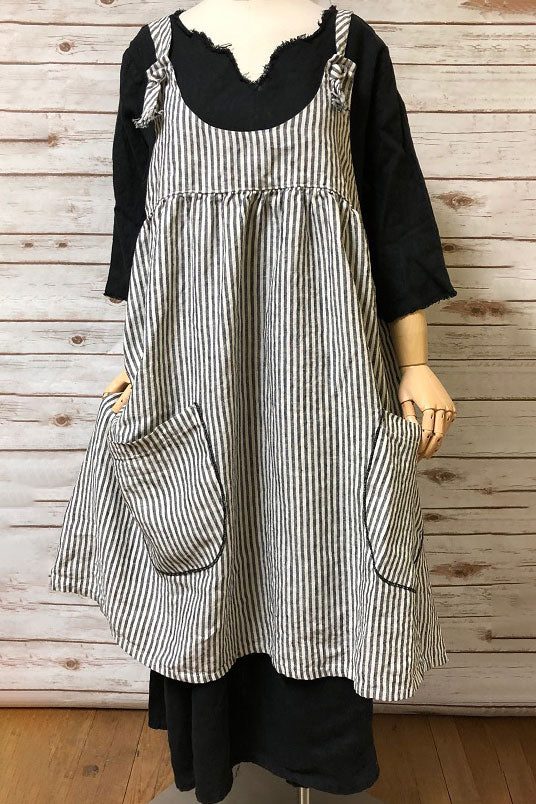 Pinafore Dress with Pockets - Vintage Inspired Linen Dresses Black Stripe / L Pinafore Dress with Pockets - Vintage Inspired Linen Dresses Black Stripe / L