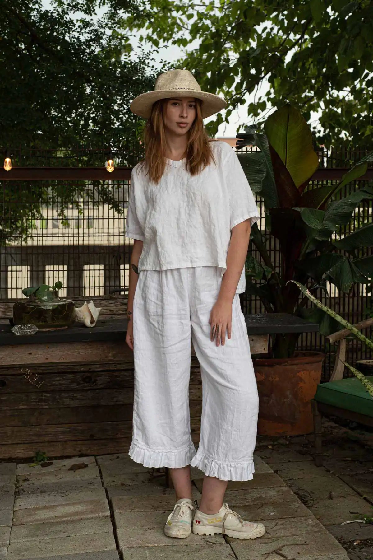 Ruffle Bottom Pant Crop Style, Linen