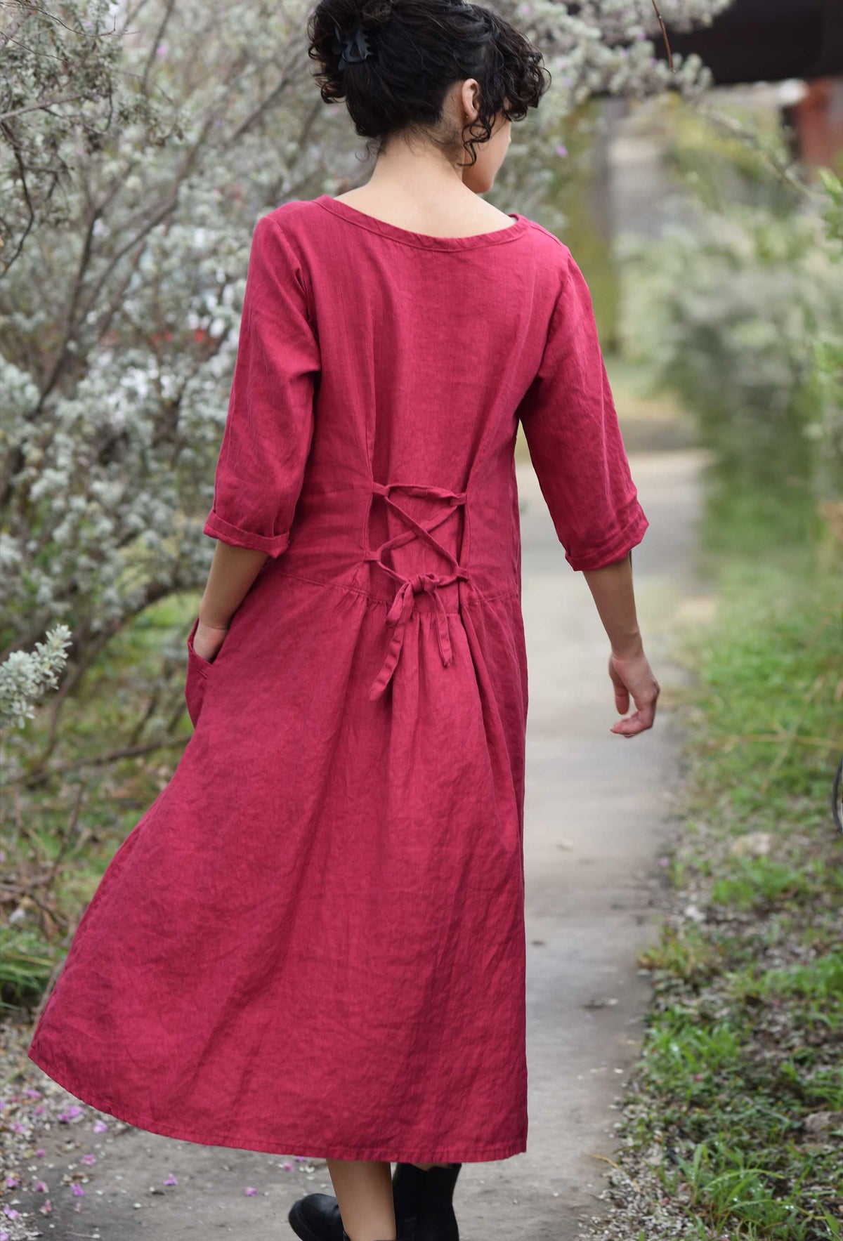 Tie Back Dress Linen Sangria / 1X Tie Back Dress Linen Sangria / 1X