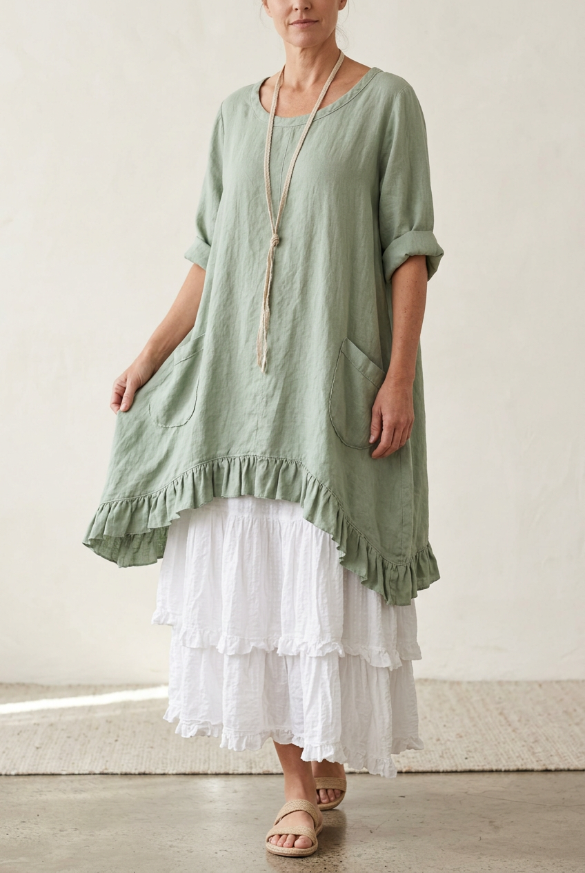 Model visualization of the sage tunic and white layered skirt showing natural drape