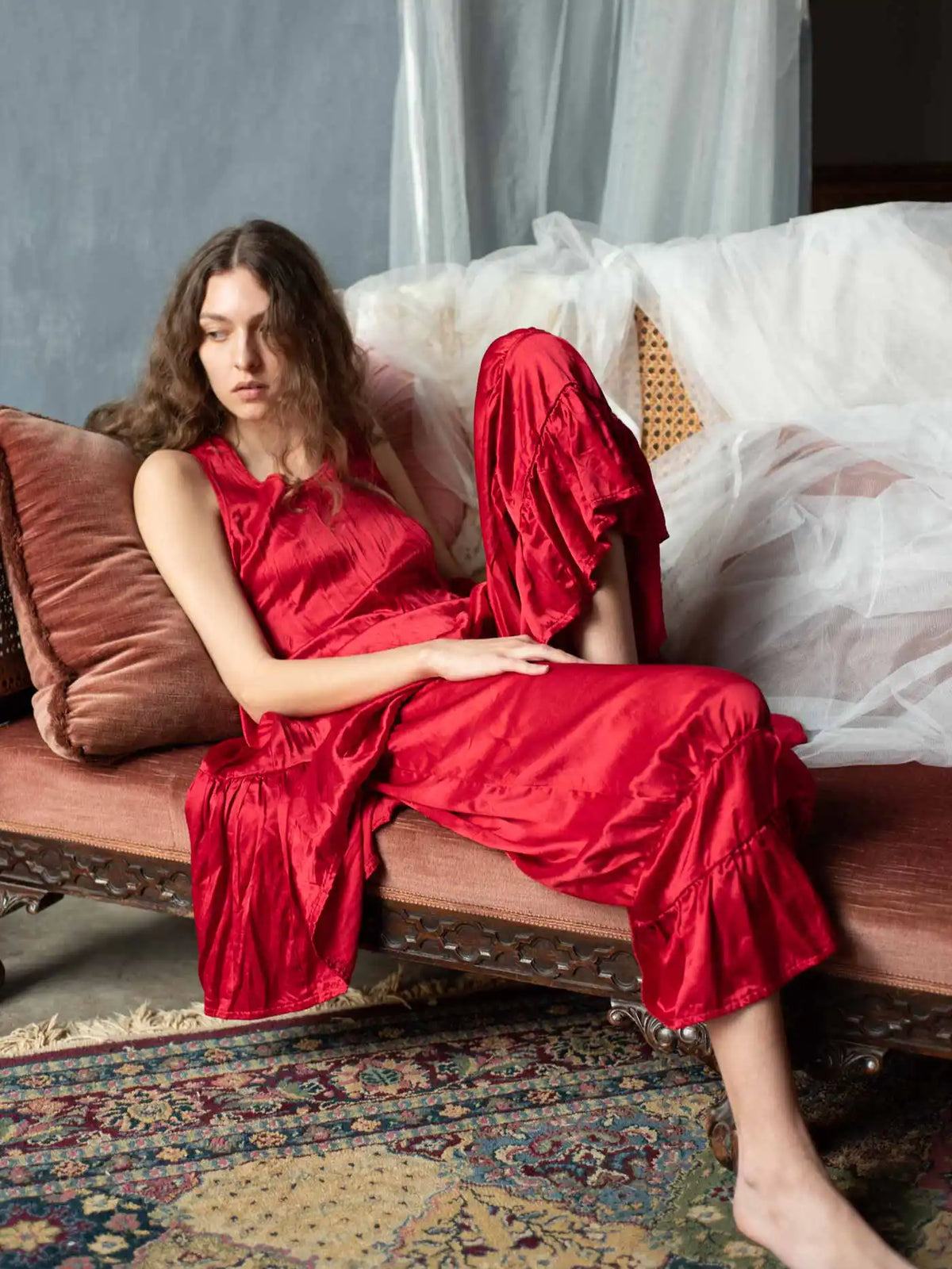 Romantic pajama pants with ruffles Janis Bloomer in Rayon Satin Crop Style