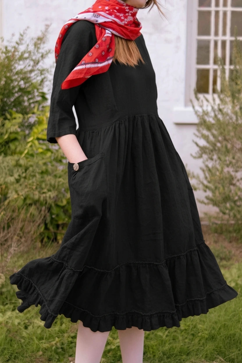 cotton and linen ruffled chest strap dress Cotton & linen semi-sheer ruffle trim long dress - Apricot