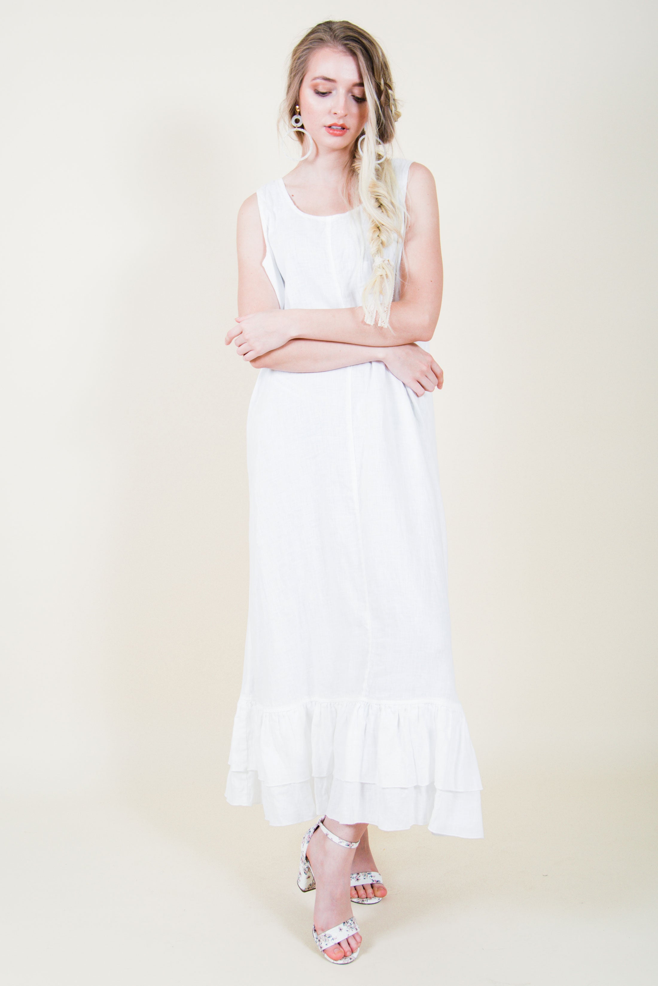 Long linen Under Slip - Double Ruffle Slip Long, USA Antique White / S Long linen Under Slip - Double Ruffle Slip Long, USA Antique White / S