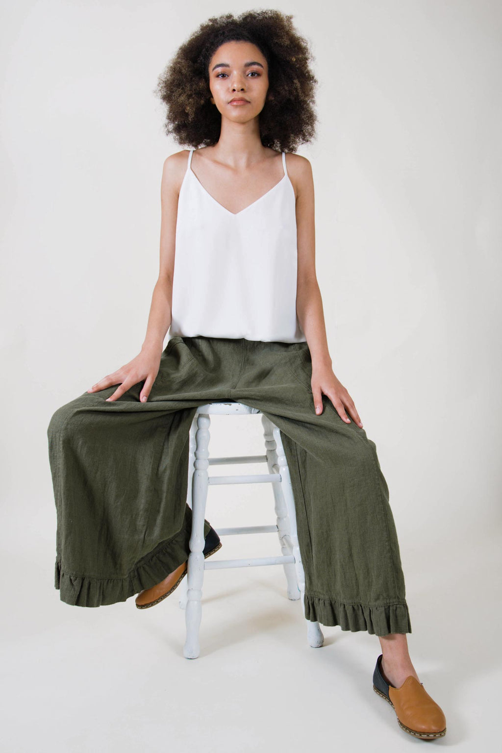 Wide Leg Linen Pants with Ruffle Bottom - Garbo Pant in Linen, USA