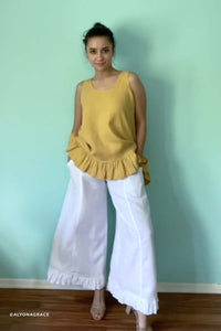 Ultra Wide Leg White Linen Pants with Ruffles Garbo Pant in Linen