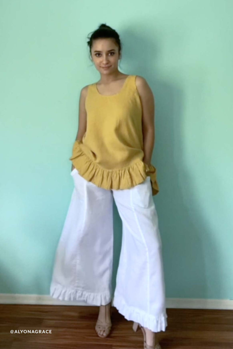 Ultra Wide Leg White Linen Pants with Ruffles Garbo Pant in Linen