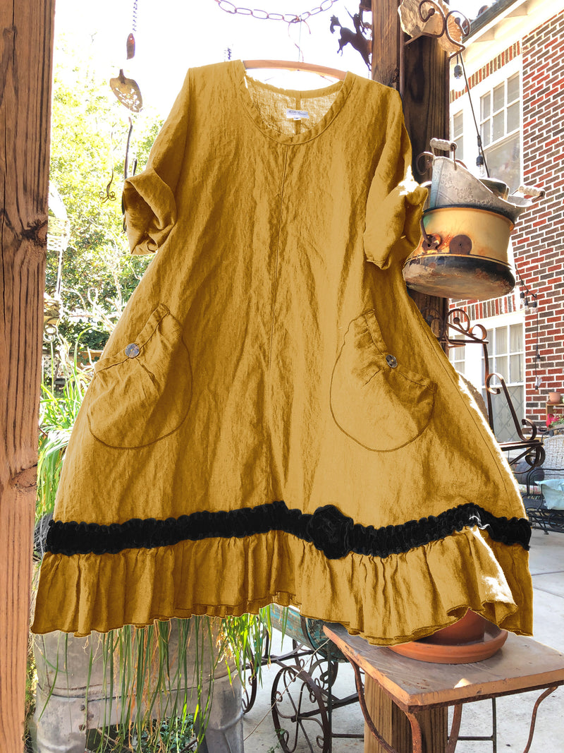 Tessa Dress Velvet Ruching and Flower, Linen
