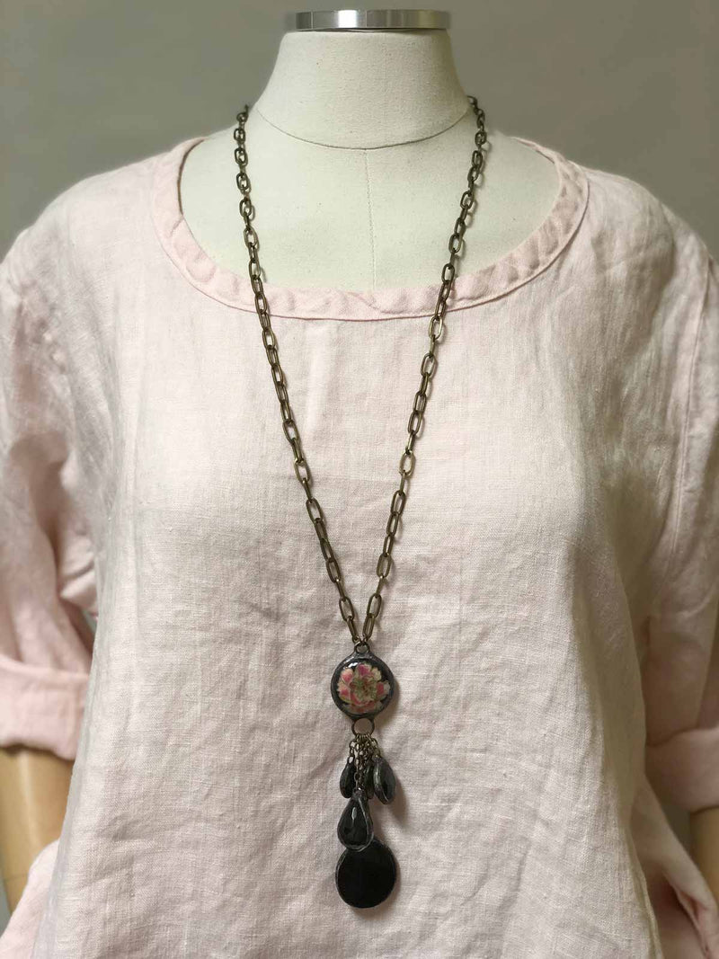 Black Tassel Necklace with Coral Flower