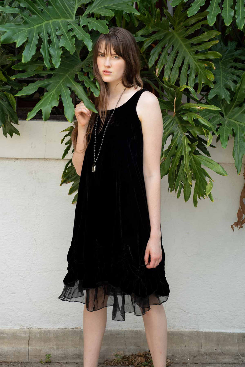 Black linen scalloped dress Petal Slip Dress Short in Velvet