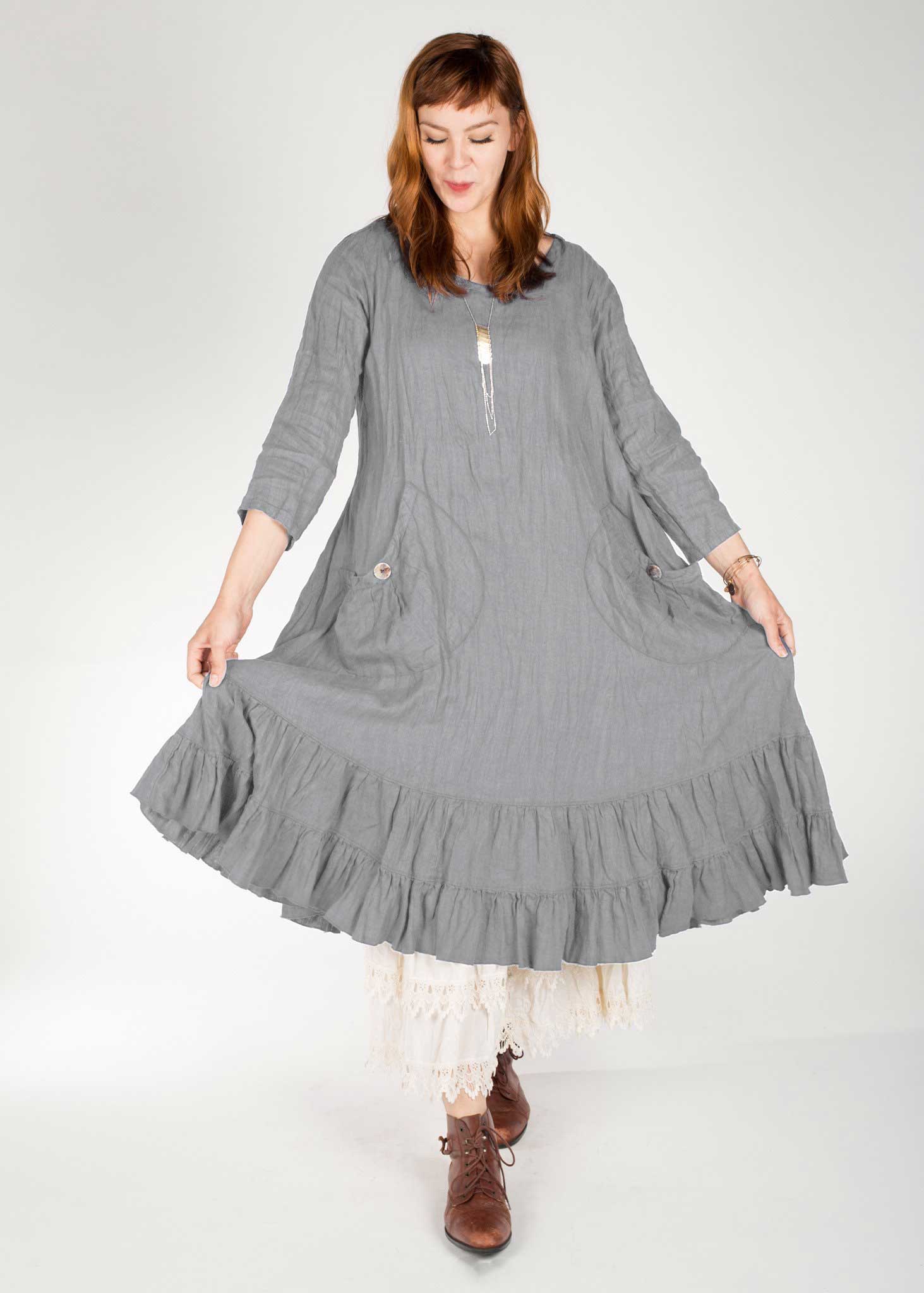 Celon Frilly Tiered Dress グレー Prairie Dress - Simple Purple Linen Dress