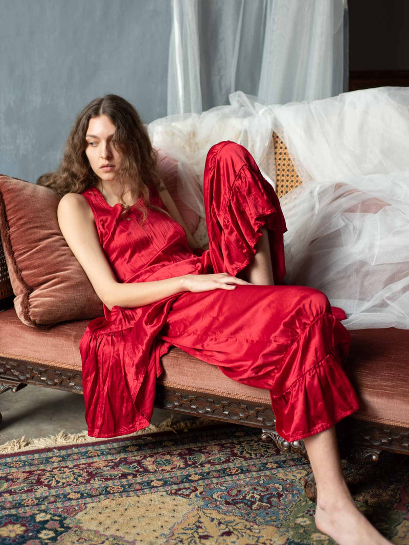 Romantic pajama pants with ruffles Janis Bloomer in Rayon Satin Crop Style